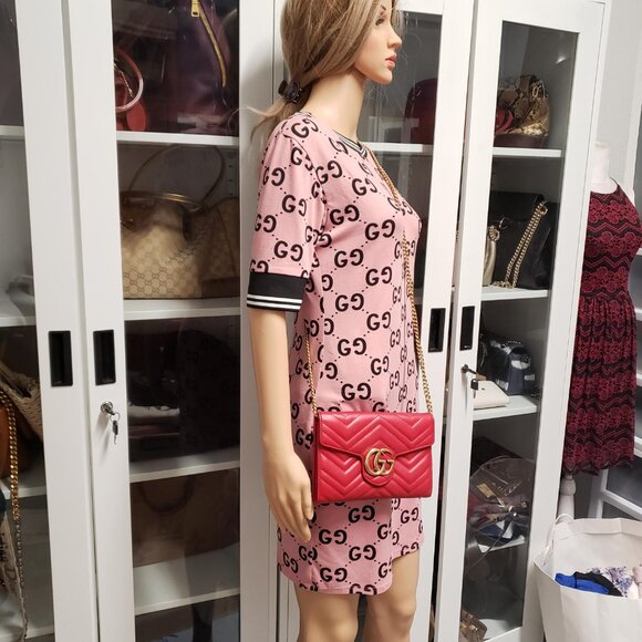 Gucci Marmont Red Chevron Gold Chain Clutch Crossbody Bag 550-100525 - Picture 16 of 16